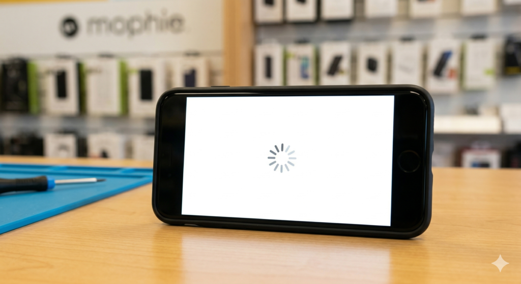 A close-up photograph of a smartphone screen displaying a static grey loading spinner icon, resting on a blue repair mat on a counter inside a ZAGG retail store with branded shelving in the background.