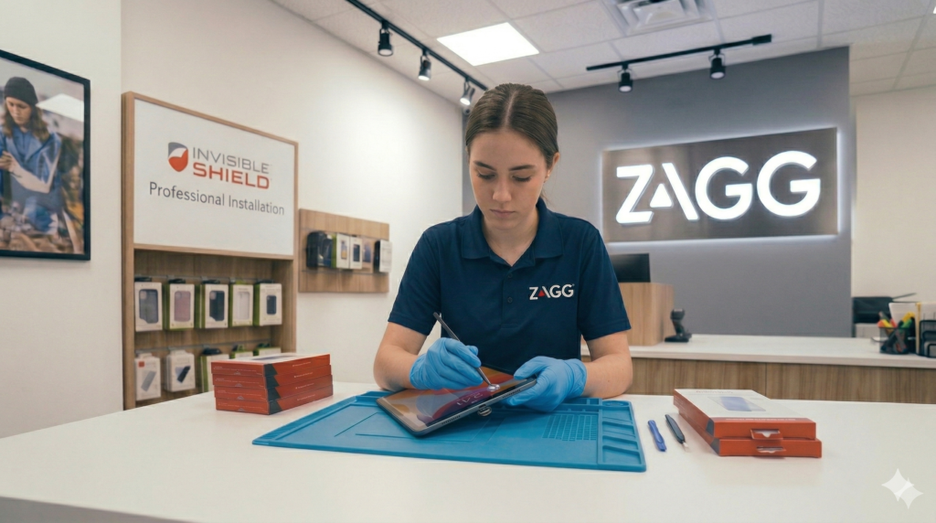 A technician wearing blue nitrile gloves uses a precision cleaning tool to remove debris from the charging port of a space grey iPad at a professional repair workstation.