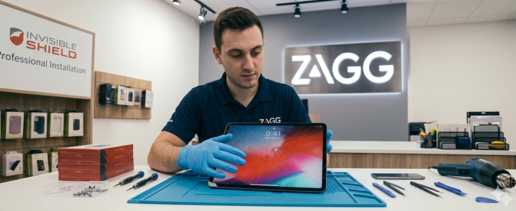 A wide-angle interior photograph capturing a clean electronics repair counter, similar to image_117.png, with track lighting. A professional ZAGG technician, wearing blue nitrile gloves (from image_117.png), is seated at a workbench with a light blue anti-static grid mat. In front of them is a space grey iPad Pro (approx. 12.9-inch model) with a single, massive spiderweb crack covering the entire display. The iPad's screen is active, displaying a generic time. Various precision repair tools like micro-screwdrivers and fine tweezers are arranged on the mat. In the background on a grey back wall, a prominent dimensional ZAGG sign with white backlit letters and a stylized geometric 'A' is clearly visible, similar to image_117.png but without any local text. To the side on a side shelf, neat stacks of product boxes (image_74.png) and generic repair parts are organized. The depth of field is shallow, keeping the focus sharp on the cracked iPad and the technician's gloved hand gently resting near it.