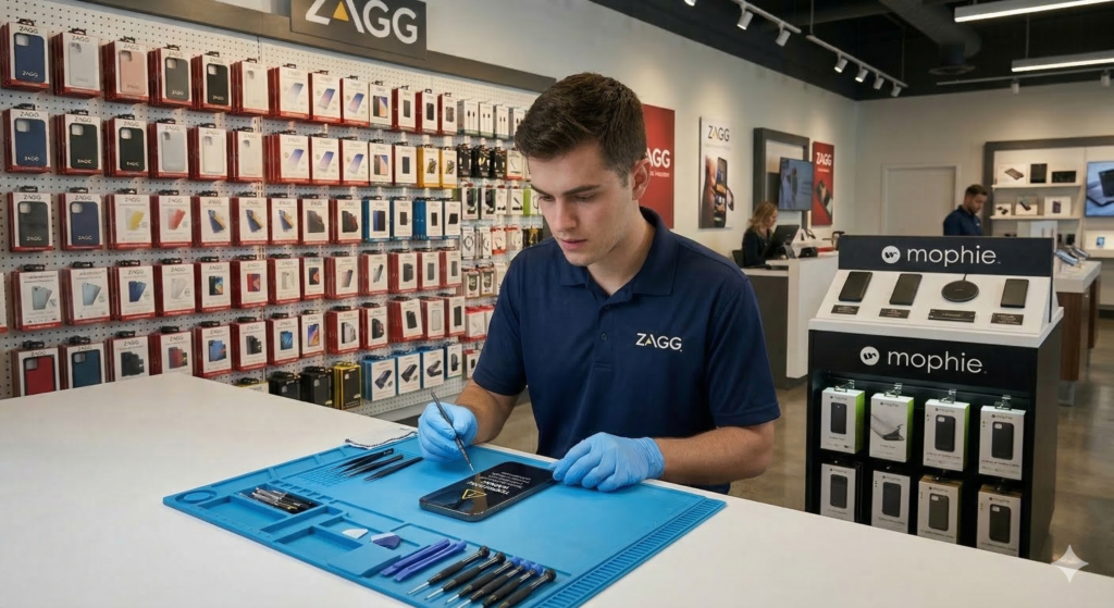 A ZAGG technician wearing blue gloves examines a smartphone displaying a yellow temperature warning triangle on its screen. The device sits on a blue repair mat surrounded by precision tools, with a ZAGG accessory wall and mophie display in the background of a modern retail store.