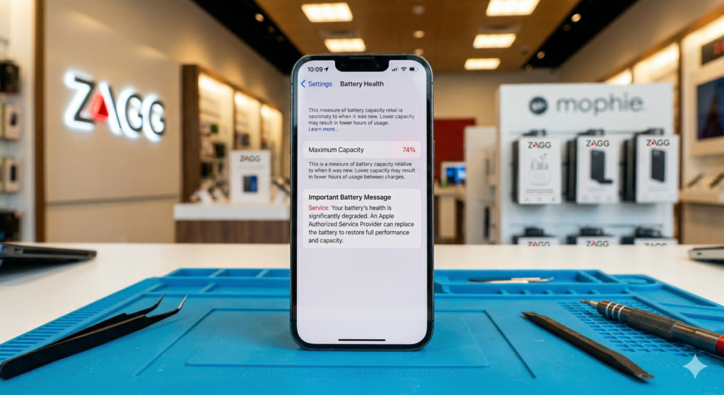Close-up of a smartphone screen on a blue repair mat displaying a battery health settings menu with a degraded maximum capacity warning, set against a blurred background of a ZAGG retail store.