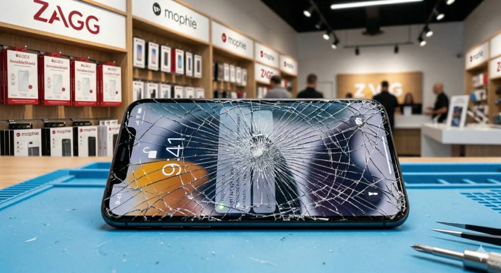 Extreme close-up photograph of a smartphone screen shattered into a complex spiderweb pattern of cracks, resting on a blue technician's repair mat. Scattered fine glass shards and precision repair tools like tweezers and screwdrivers are at the edge of the phone. The blurred background reveals a clean, modern ZAGG retail store with prominent InvisibleShield and mophie branded displays and staff.