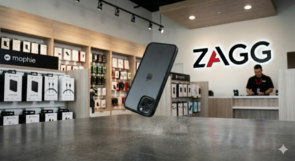 High-speed action shot of a smartphone falling mid-air towards a hard surface during a drop test inside a ZAGG retail store, with blurred mophie displays in the background.