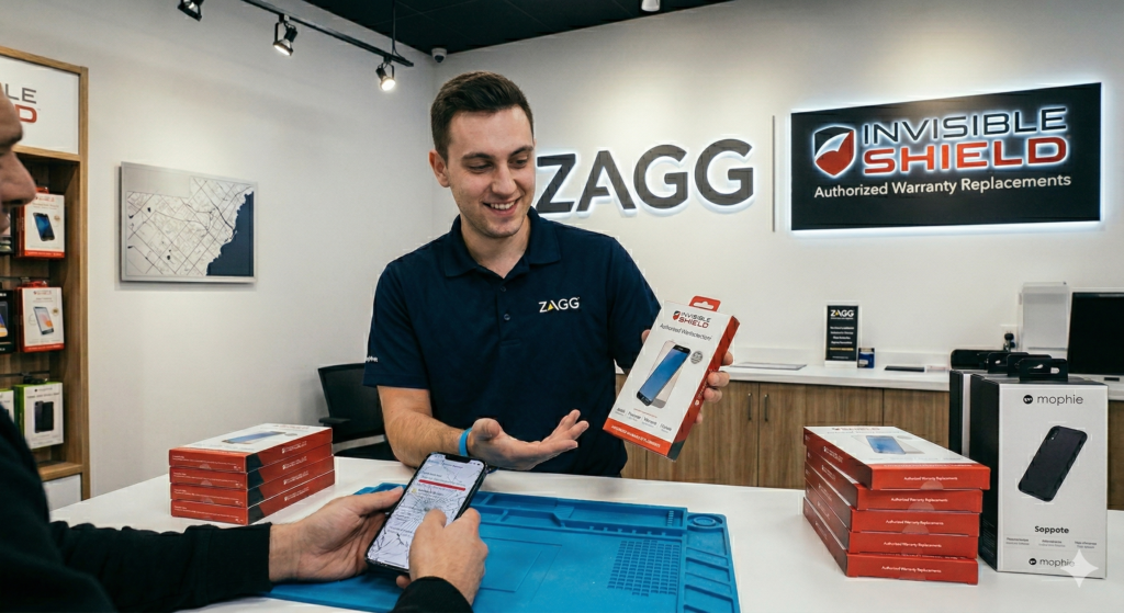 A smiling ZAGG technician at a store counter holds a new InvisibleShield screen protector box, assisting a customer who is holding a smartphone with a severely cracked screen. An InvisibleShield Authorized Warranty Replacements sign hangs in the background.