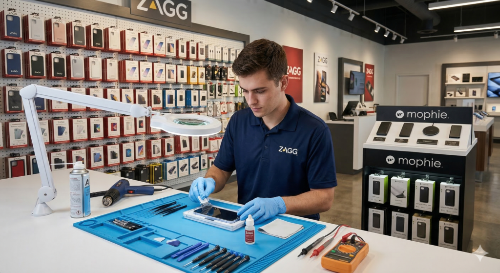 A ZAGG technician wearing blue gloves carefully applies a screen protector to a smartphone on a blue repair mat. The professional workspace features a magnifying lamp and precision tools, with a ZAGG accessory wall and a mophie product display in the brightly lit retail background.